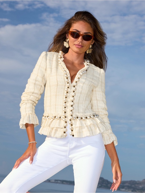 Boston Proper Jackets & Blazers - Boston Proper Pearl Trim Tweed Ruffle Detail Jacket Size 8